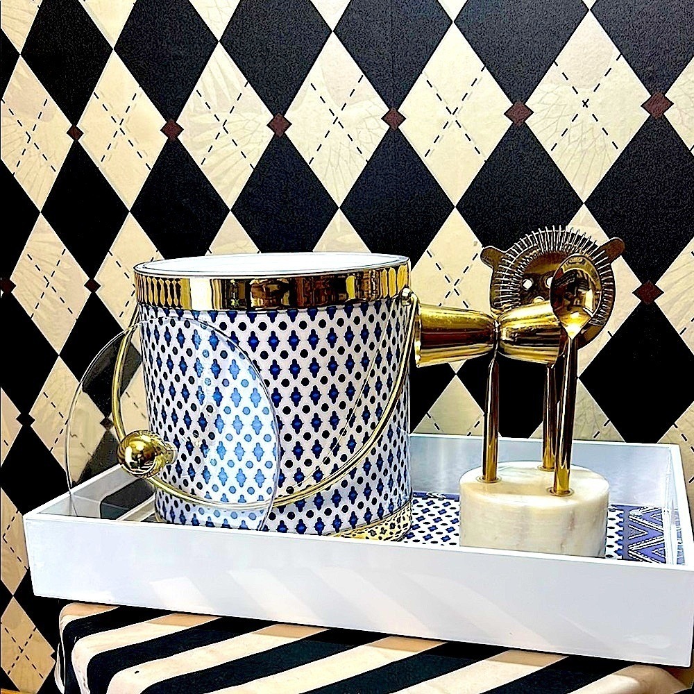 Blue & White Ice Bucket, Lid & Tray Set with Gold‎ Trim | Bar Cart Glam - Picture 12 of 14